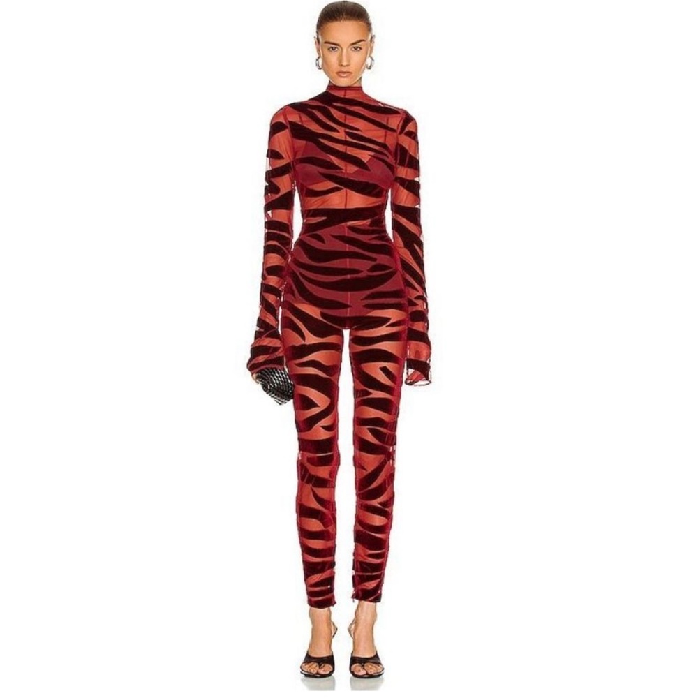 LaQuan Smith Tiger Print Sheer Jumpsuit Sz L Catsuit NWT